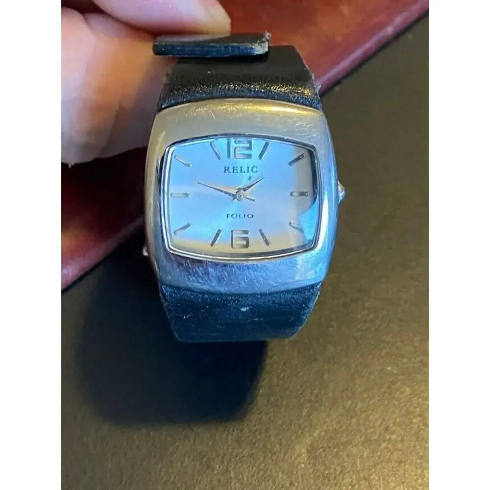 Women's Relic Folio Watch, Silver Tone with Black Leather Strap